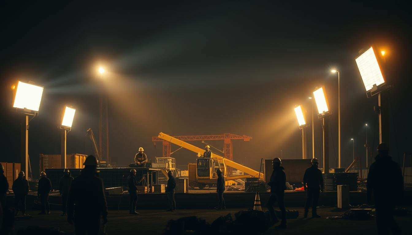 Iluminação eficiente obra noturna